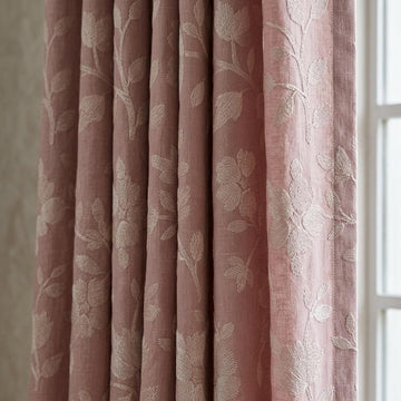 Blush Pink Linen Curtains, Ivory Floral Embroidered Drapes, Custom Blackout Cafe Kitchen Living Room Panels — image 1