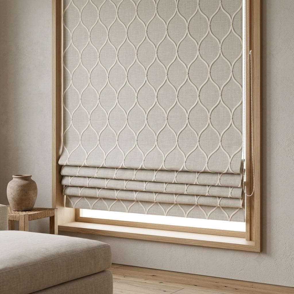 Natural Greige Linen Roman Shade, Ivory Embroidered Ogee Trellis Custom Blind, Blackout or Light Filtering Window Shade — image 6