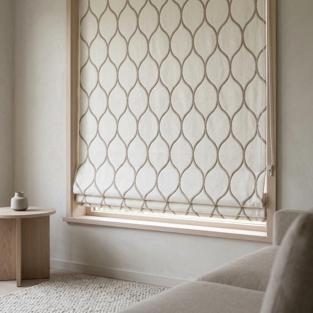 Custom Ivory Linen Roman Shade: Taupe Ogee Trellis Embroidered Blind, Blackout or Light Filtering — image 1