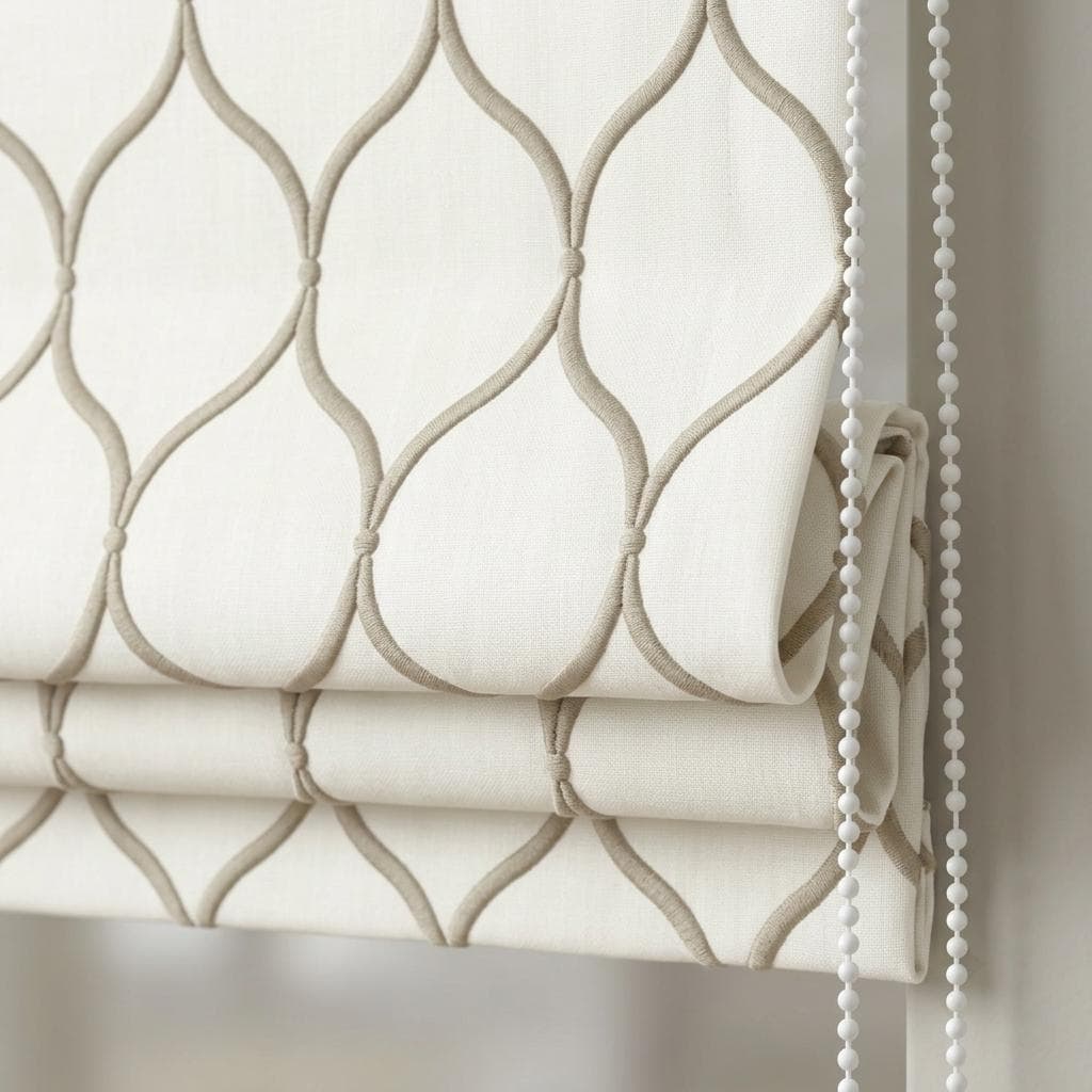 Custom Ivory Linen Roman Shade: Taupe Ogee Trellis Embroidered Blind, Blackout or Light Filtering — image 1