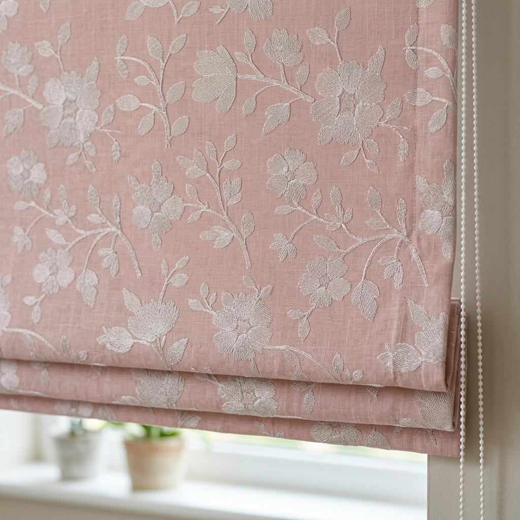 Custom Roman Shades, Blush Pink Linen Roman Blind, Ivory Floral Embroidered Window Treatment, Blackout or Cotton Lined — image 5