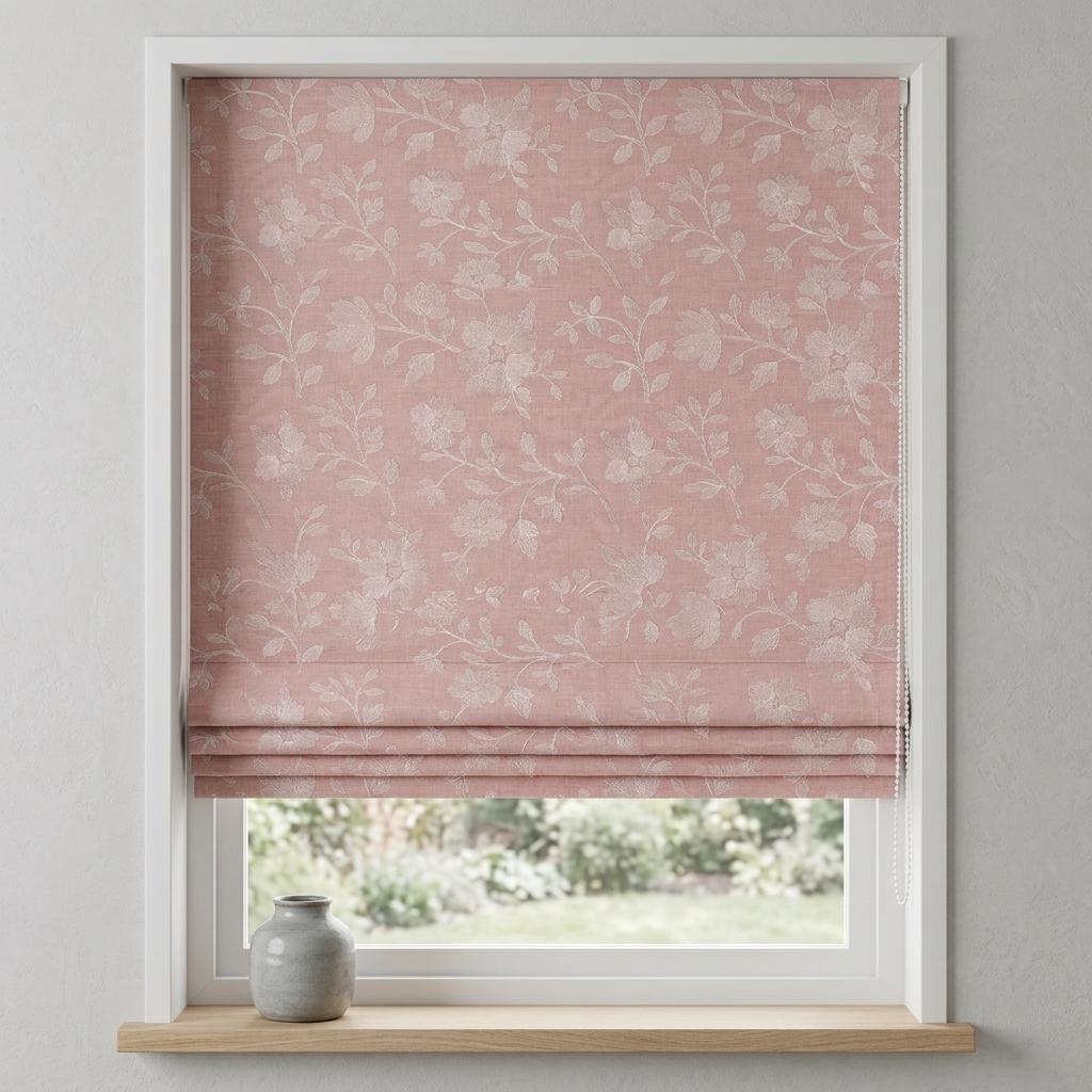 Custom Roman Shades, Blush Pink Linen Roman Blind, Ivory Floral Embroidered Window Treatment, Blackout or Cotton Lined — image 6