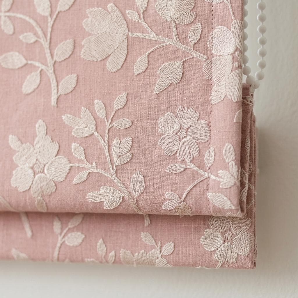 Custom Roman Shades, Blush Pink Linen Roman Blind, Ivory Floral Embroidered Window Treatment, Blackout or Cotton Lined — image 1