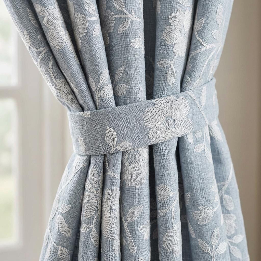 Powder Blue Linen Curtains, Ivory Floral Embroidered Drapes, Custom Blackout Cafe Kitchen Living Room Panels — image 1