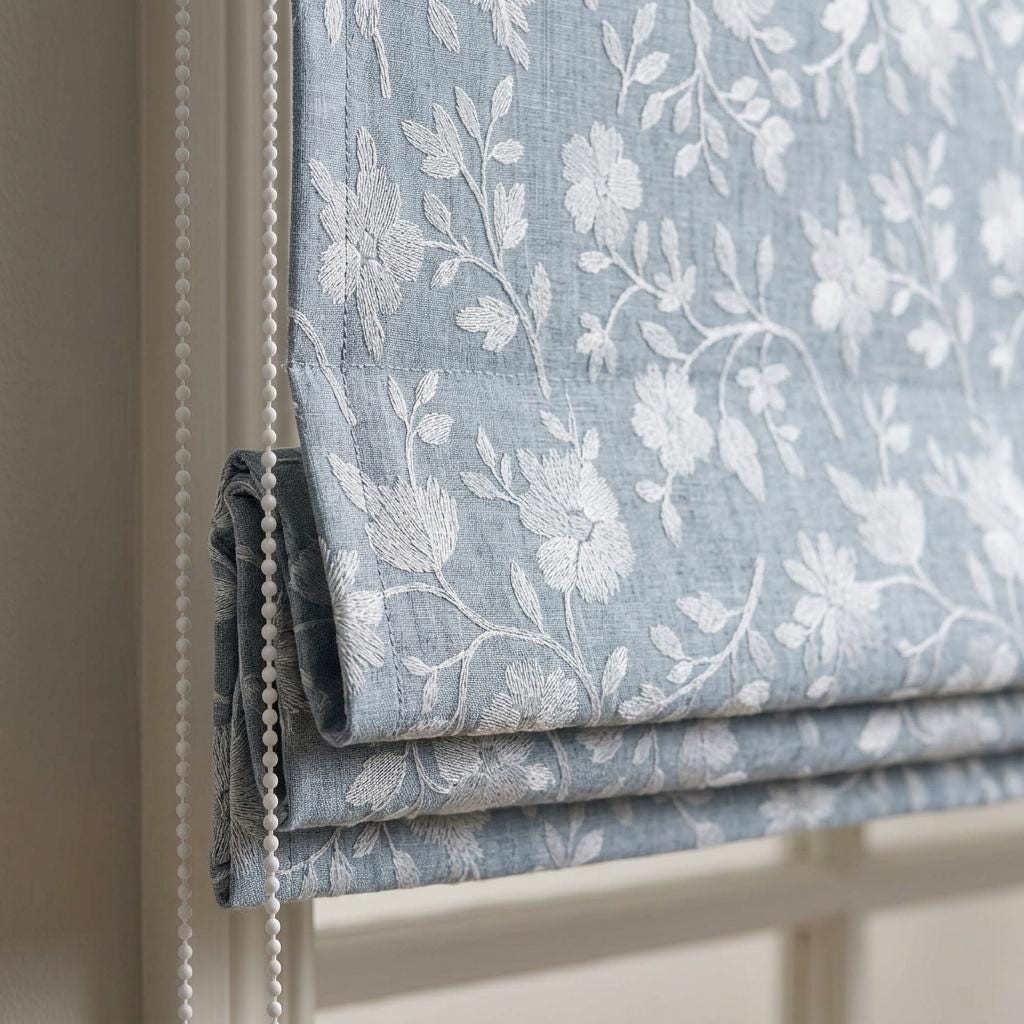 Custom Roman Shades, Dusty Blue Linen Roman Blind, Ivory Floral Embroidered Window Treatment, Blackout or Cotton Lined — image 1
