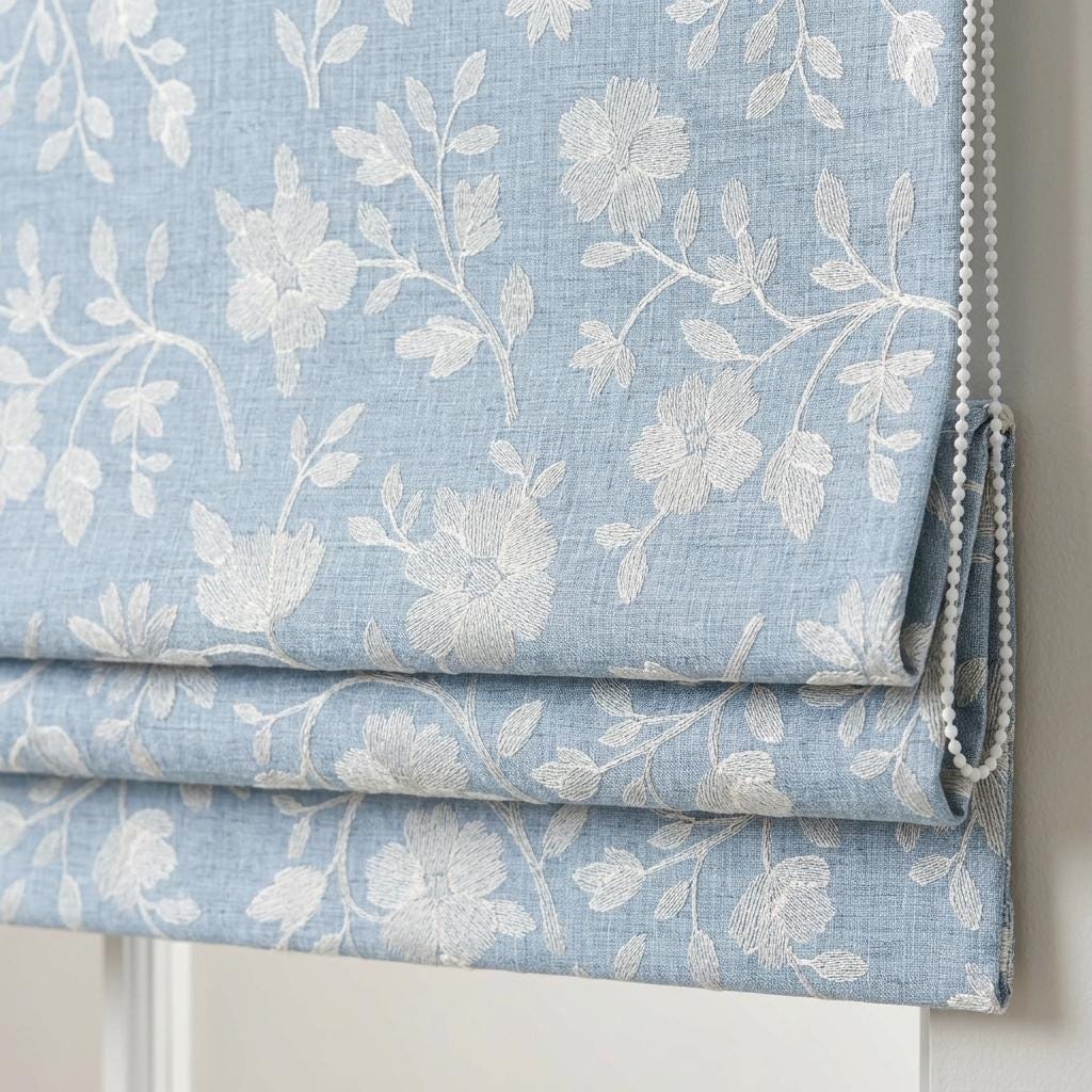 Custom Roman Shades, Dusty Blue Linen Roman Blind, Ivory Floral Embroidered Window Treatment, Blackout or Cotton Lined — image 1