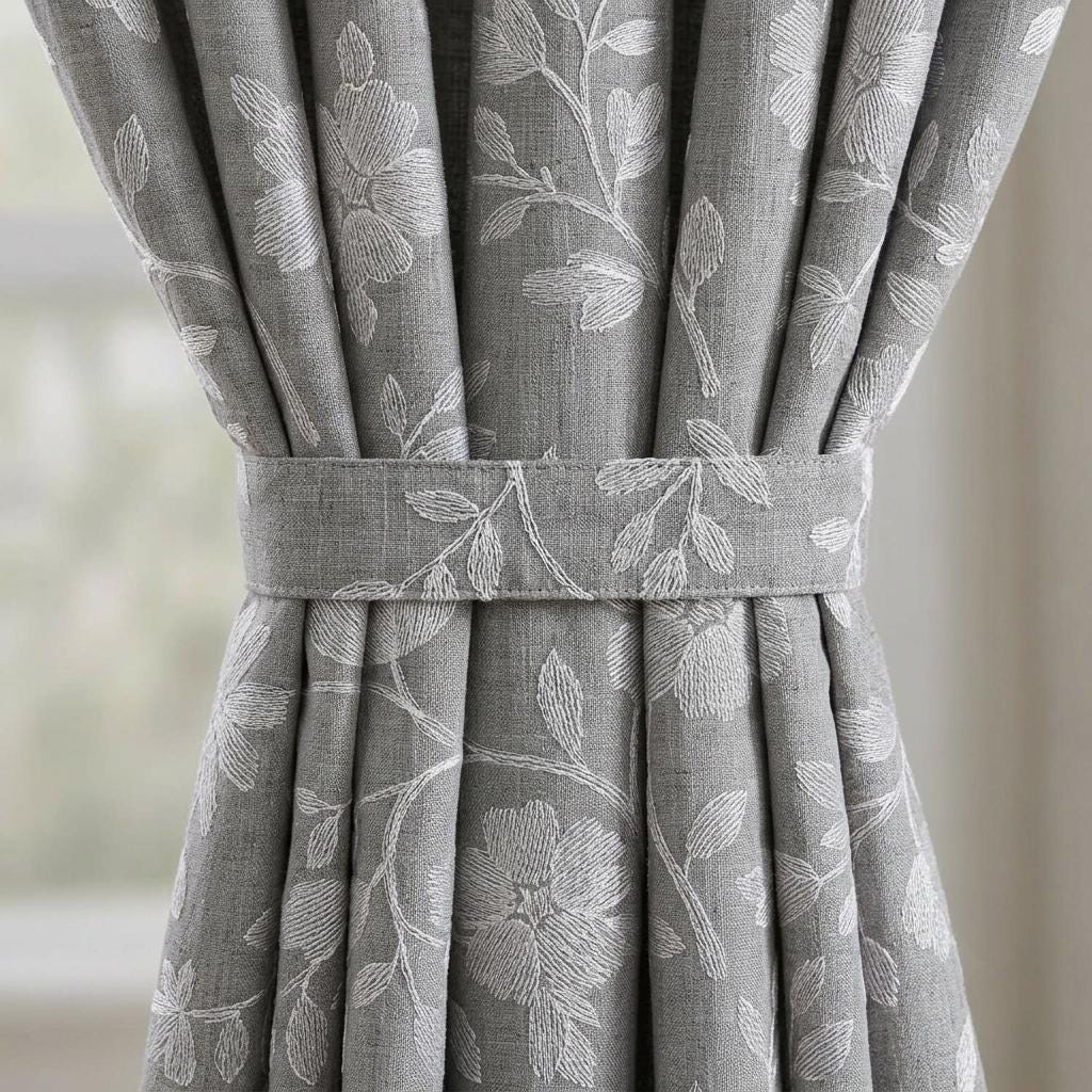 Gray Linen Curtains, Ivory Floral Embroidered Drapes, Custom Blackout Cafe Kitchen Living Room Panels — image 1
