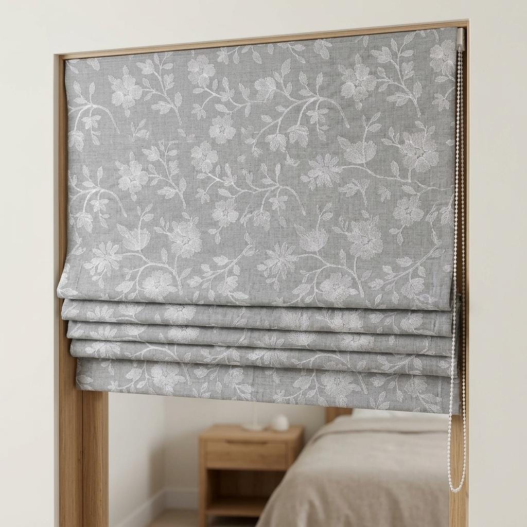 Custom Roman Shades, Dove Gray Linen Roman Blind, Ivory Floral Embroidered Window Treatment, Blackout or Cotton Lined — image 5