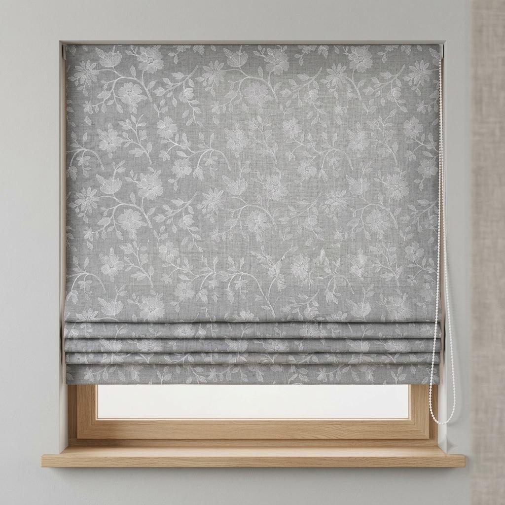 Custom Roman Shades, Dove Gray Linen Roman Blind, Ivory Floral Embroidered Window Treatment, Blackout or Cotton Lined — image 8