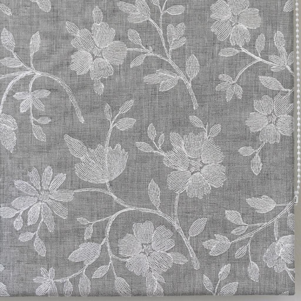 Custom Roman Shades, Dove Gray Linen Roman Blind, Ivory Floral Embroidered Window Treatment, Blackout or Cotton Lined — image 6