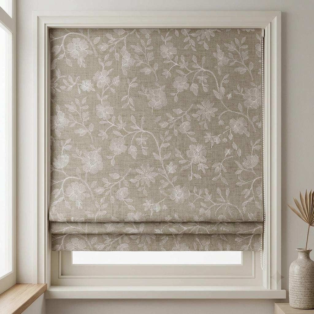 Custom Roman Shades, Natural Beige Linen Roman Blind, Ivory Floral Embroidered Window Treatment, Blackout or Cotton Lined — image 6