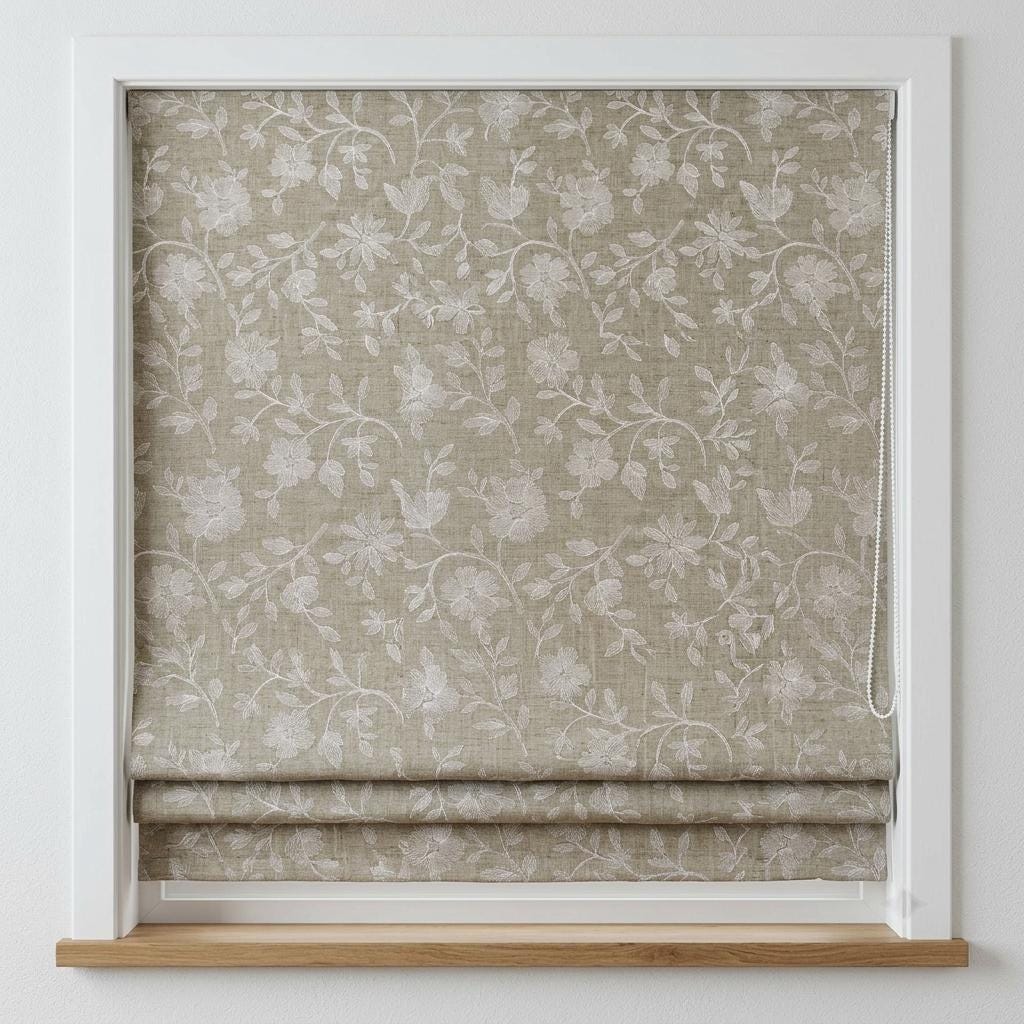 Custom Roman Shades, Natural Beige Linen Roman Blind, Ivory Floral Embroidered Window Treatment, Blackout or Cotton Lined — image 9