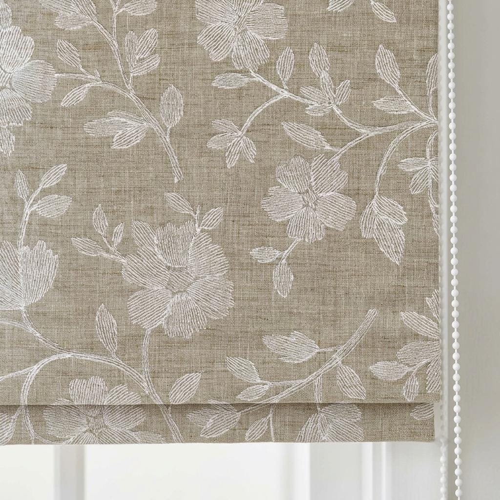 Custom Roman Shades, Natural Beige Linen Roman Blind, Ivory Floral Embroidered Window Treatment, Blackout or Cotton Lined — image 7