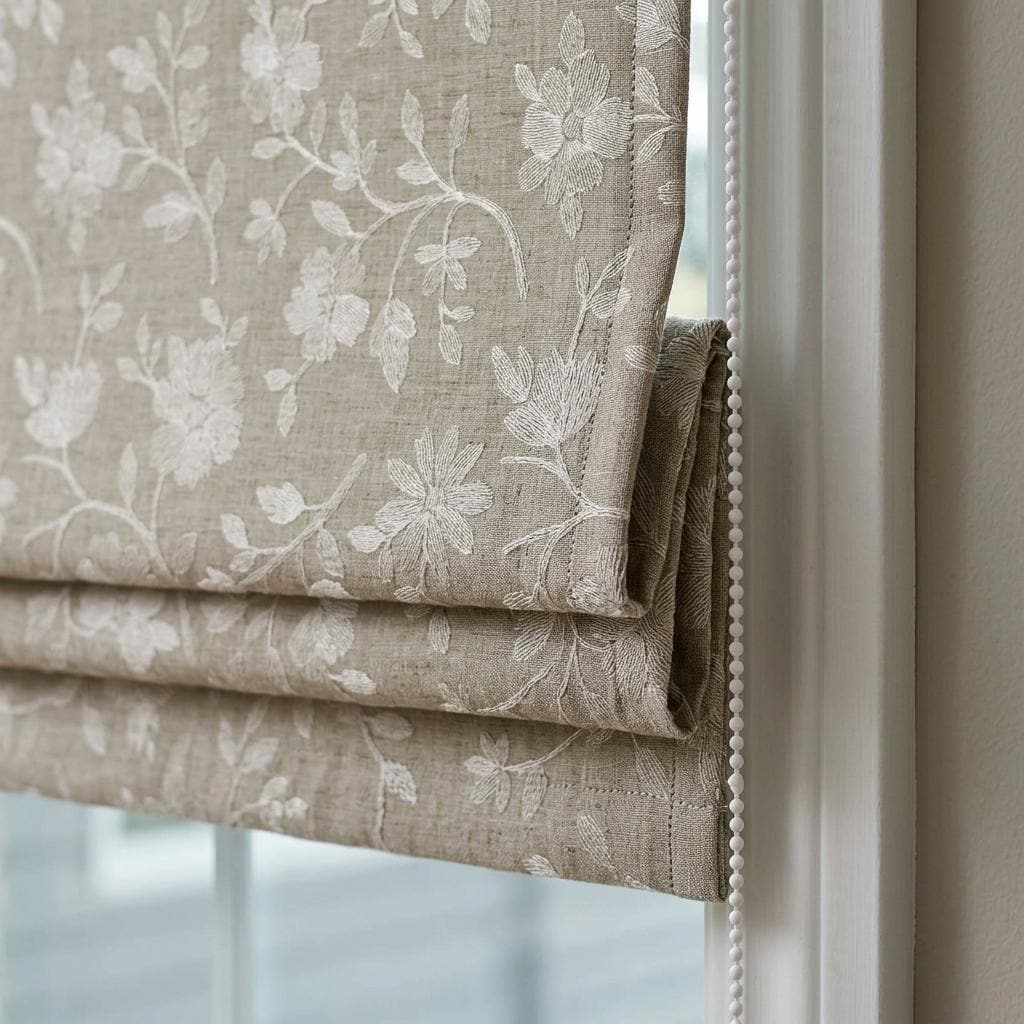 Custom Roman Shades, Natural Beige Linen Roman Blind, Ivory Floral Embroidered Window Treatment, Blackout or Cotton Lined — image 1