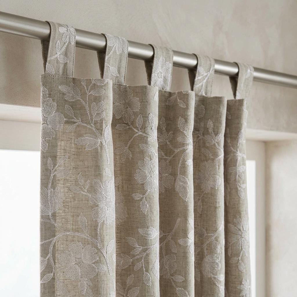 Natural Beige Linen Curtains, Ivory Floral Embroidered Drapes, Custom Blackout Cafe Kitchen Living Room Panels — image 2