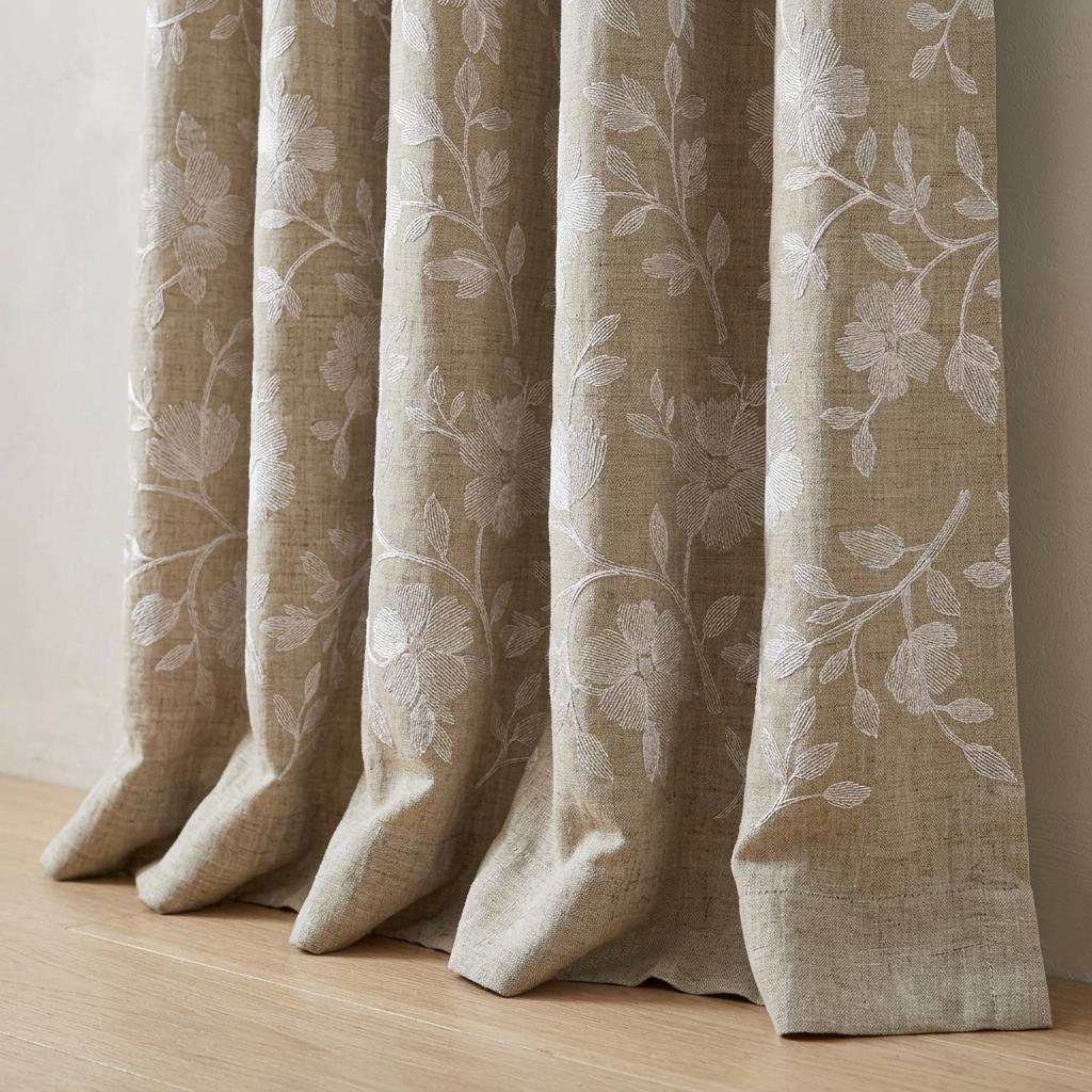 Natural Beige Linen Curtains, Ivory Floral Embroidered Drapes, Custom Blackout Cafe Kitchen Living Room Panels — image 3