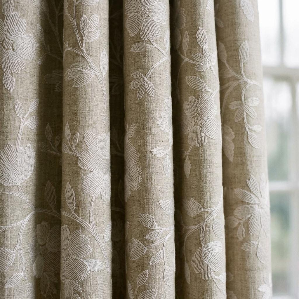 Natural Beige Linen Curtains, Ivory Floral Embroidered Drapes, Custom Blackout Cafe Kitchen Living Room Panels — image 10
