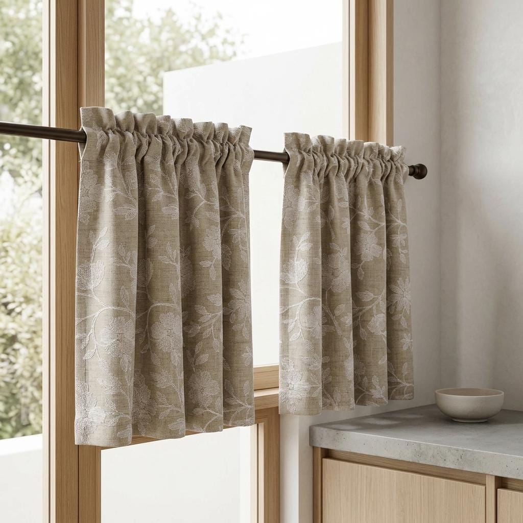Natural Beige Linen Curtains, Ivory Floral Embroidered Drapes, Custom Blackout Cafe Kitchen Living Room Panels — image 8