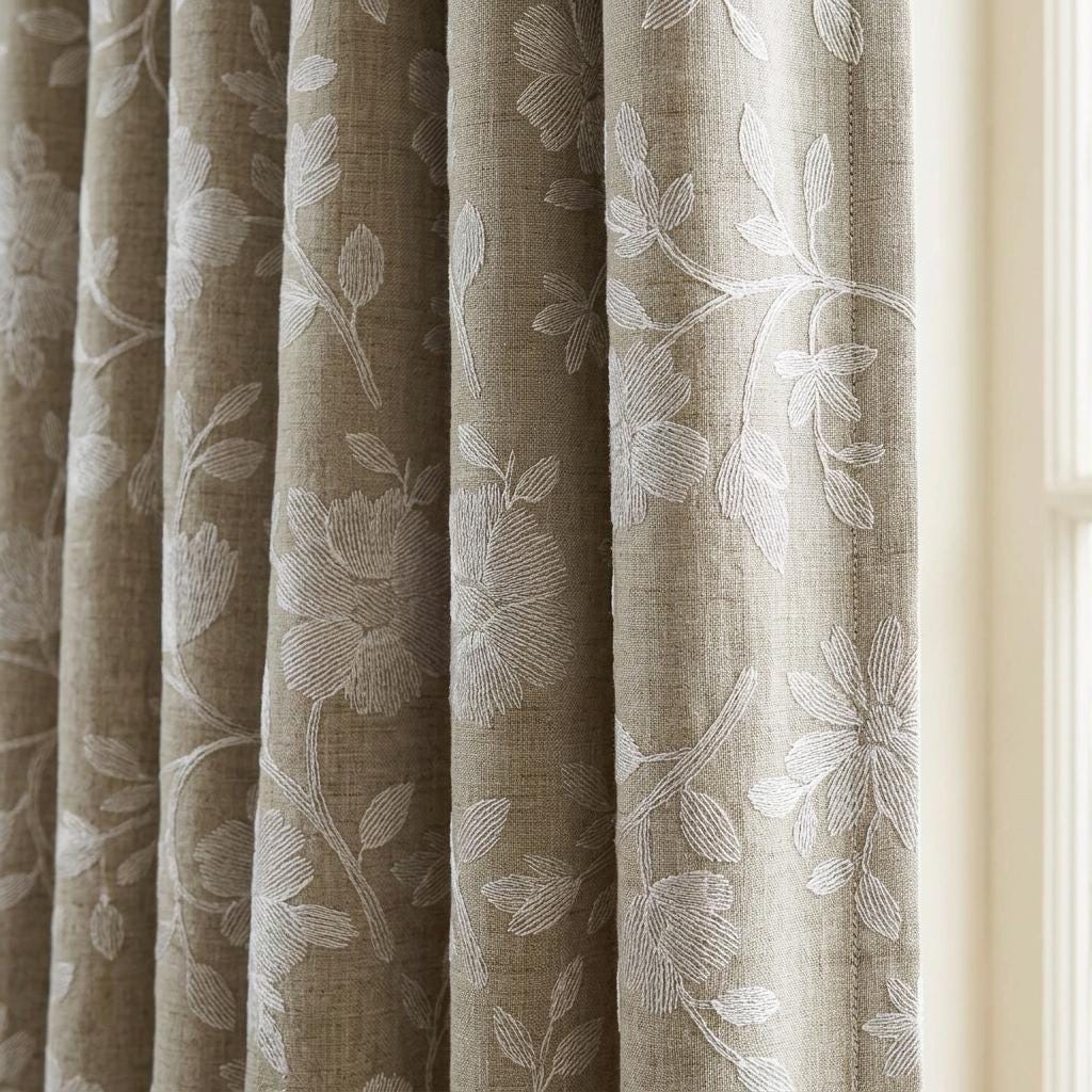 Natural Beige Linen Curtains, Ivory Floral Embroidered Drapes, Custom Blackout Cafe Kitchen Living Room Panels — image 1