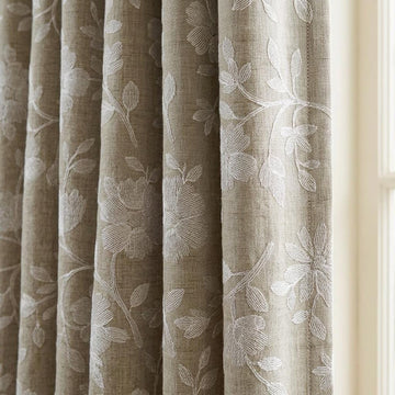Natural Beige Linen Curtains, Ivory Floral Embroidered Drapes, Custom Blackout Cafe Kitchen Living Room Panels — image 1