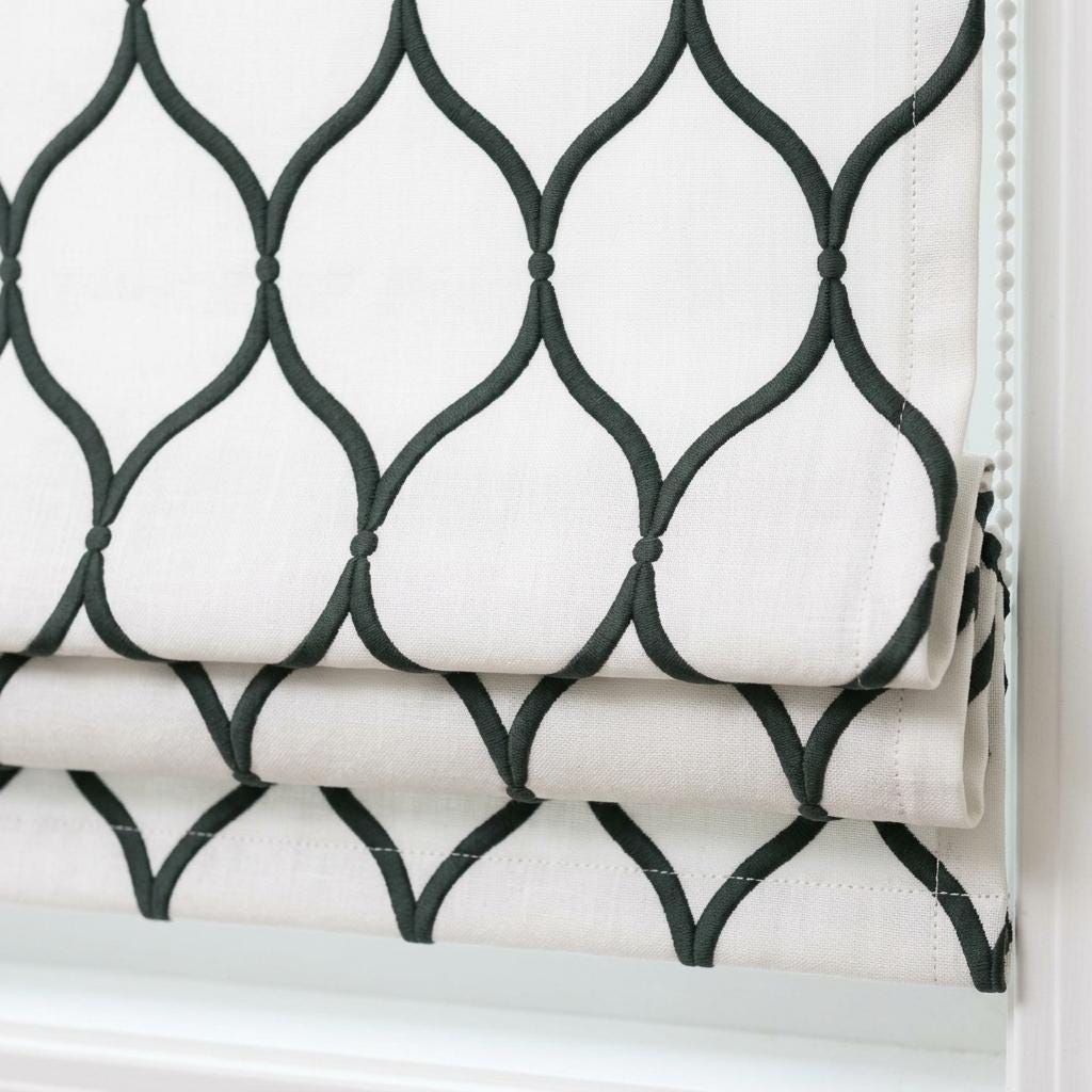 Custom Linen Roman Shade, White Charcoal Ogee Trellis Embroidered Blind, Corded Blackout or Organic Cotton Lined Window Treatment — image 1