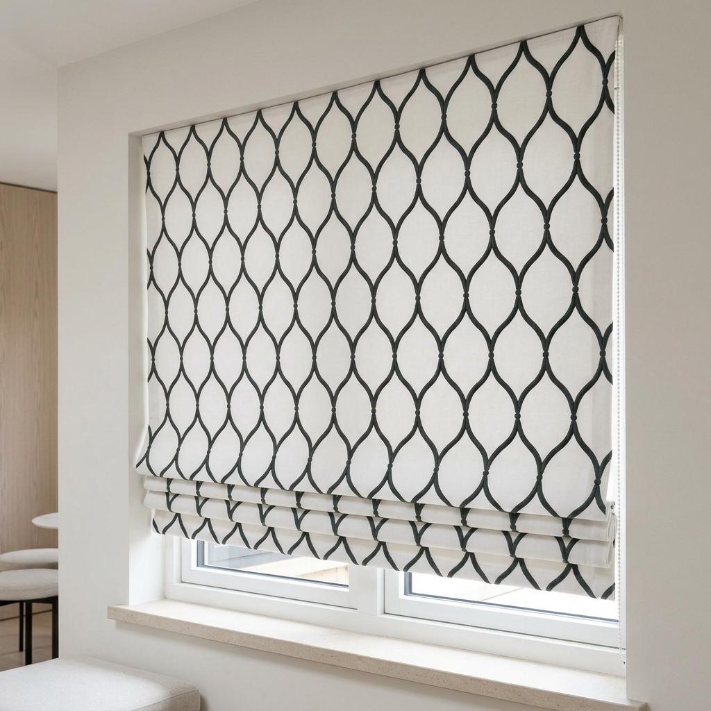 Custom Linen Roman Shade, White Charcoal Ogee Trellis Embroidered Blind, Corded Blackout or Organic Cotton Lined Window Treatment — image 1