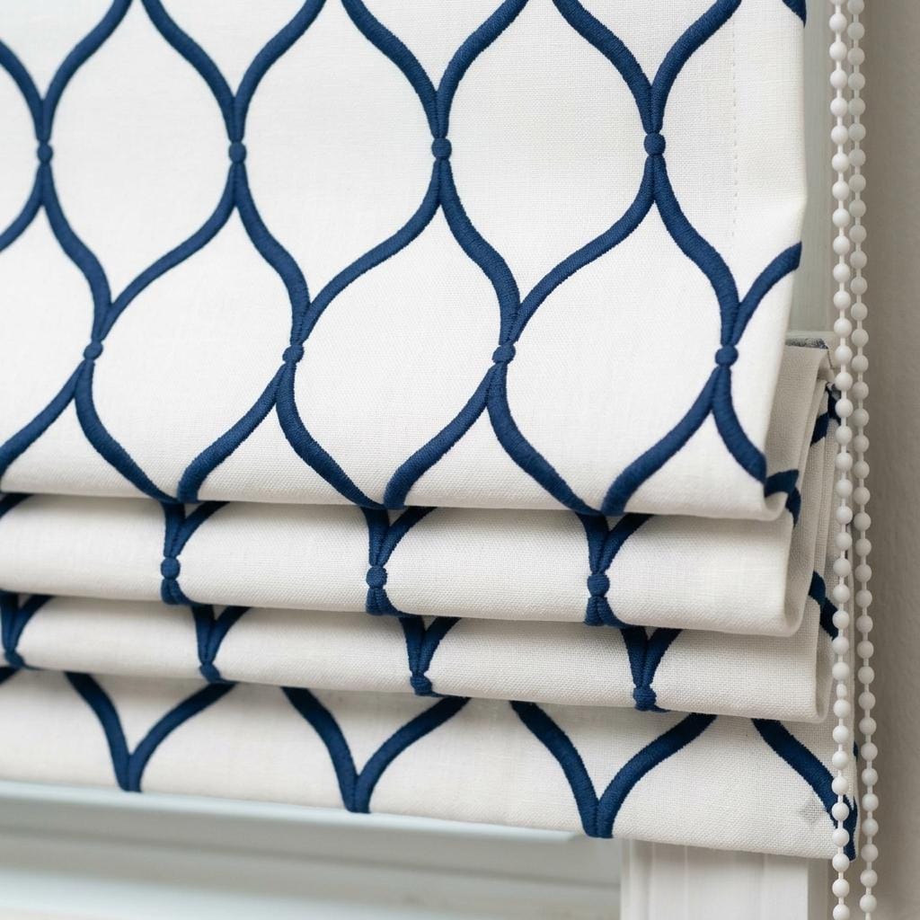 Custom Roman Shade, White Linen Blind, Navy Blue Embroidered Geometric Trellis, Blackout or Light Filtering — image 6