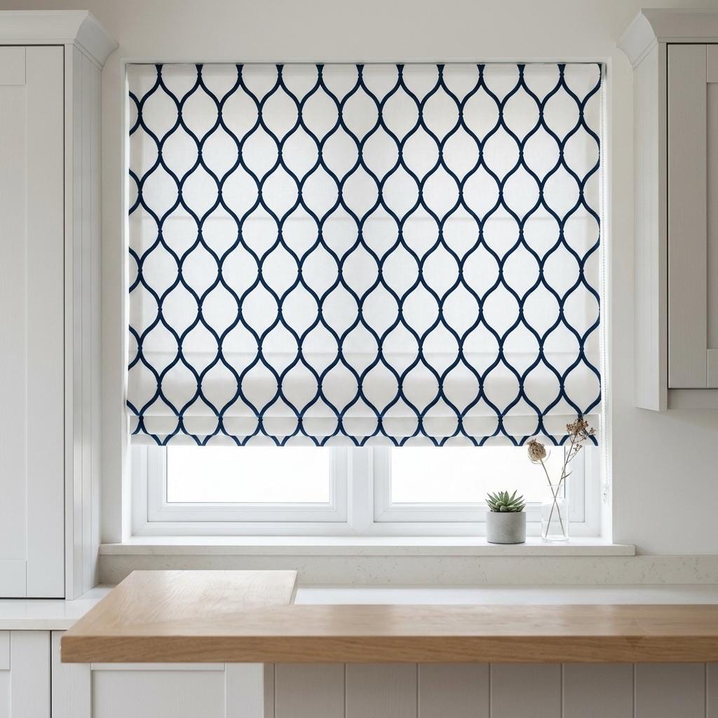 Custom Roman Shade, White Linen Blind, Navy Blue Embroidered Geometric Trellis, Blackout or Light Filtering — image 3
