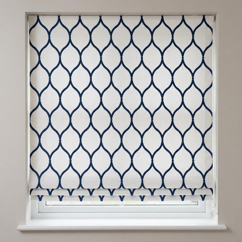 Custom Roman Shade, White Linen Blind, Navy Blue Embroidered Geometric Trellis, Blackout or Light Filtering — image 5