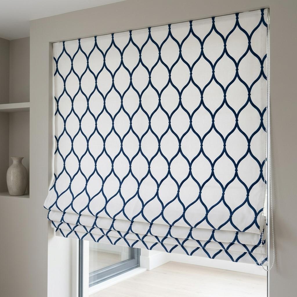 Custom Roman Shade, White Linen Blind, Navy Blue Embroidered Geometric Trellis, Blackout or Light Filtering — image 9