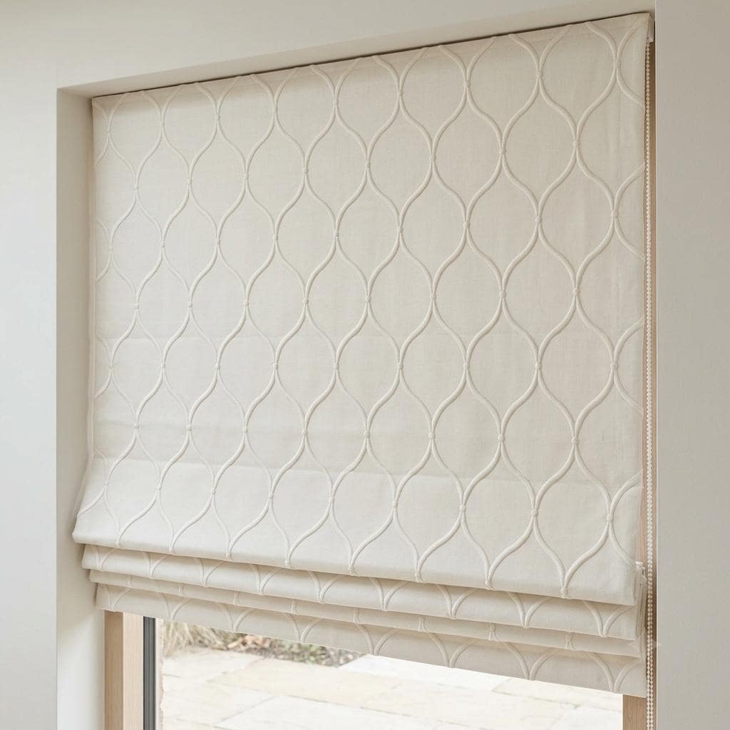 Custom Ivory Linen Roman Shade, Embroidered Ogee Trellis Blind, Corded Blackout or Organic Cotton Lined Shade — image 2