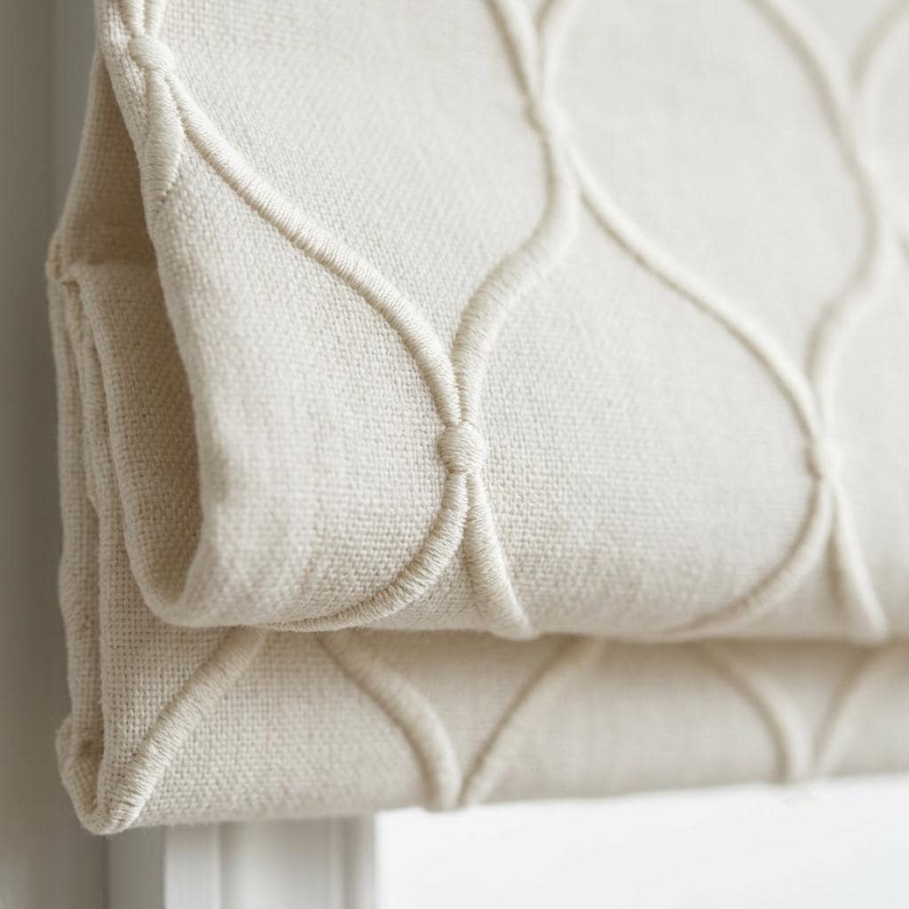Custom Ivory Linen Roman Shade, Embroidered Ogee Trellis Blind, Corded Blackout or Organic Cotton Lined Shade — image 1