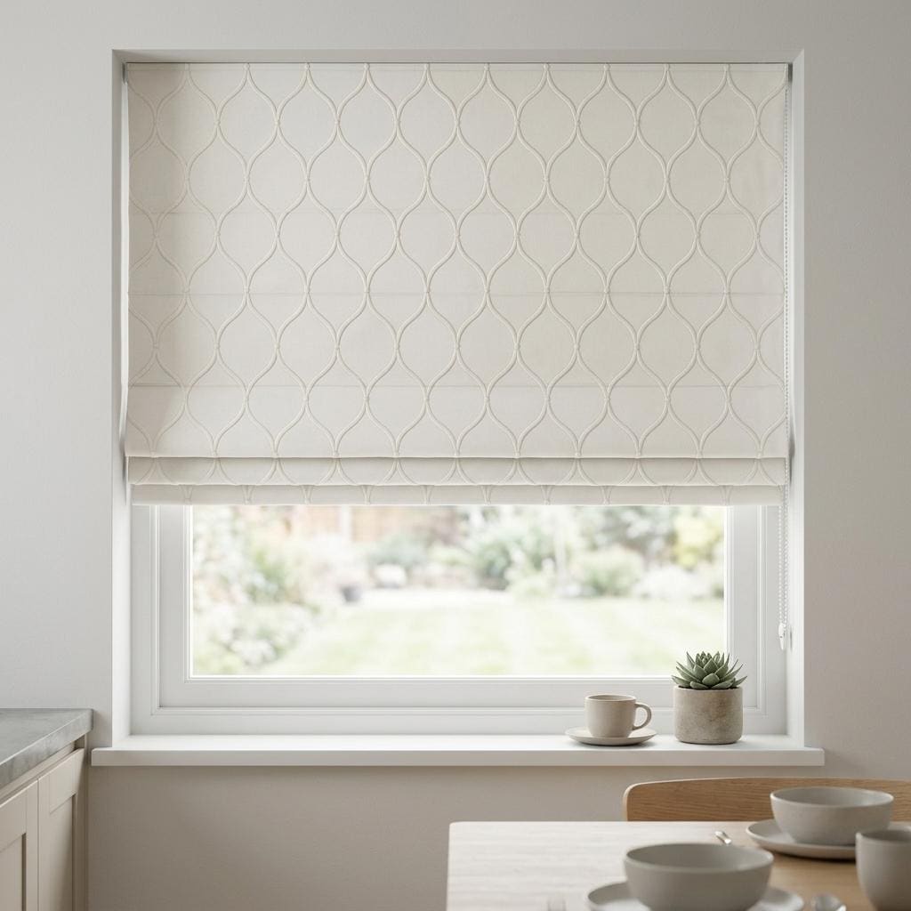 Custom Ivory Linen Roman Shade, Embroidered Ogee Trellis Blind, Corded Blackout or Organic Cotton Lined Shade — image 4
