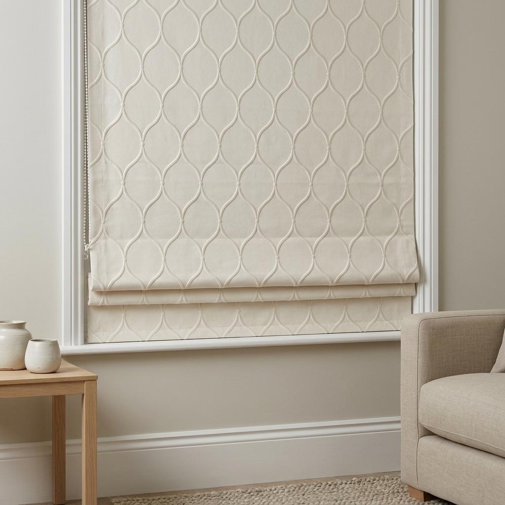 Custom Ivory Linen Roman Shade, Embroidered Ogee Trellis Blind, Corded Blackout or Organic Cotton Lined Shade — image 10