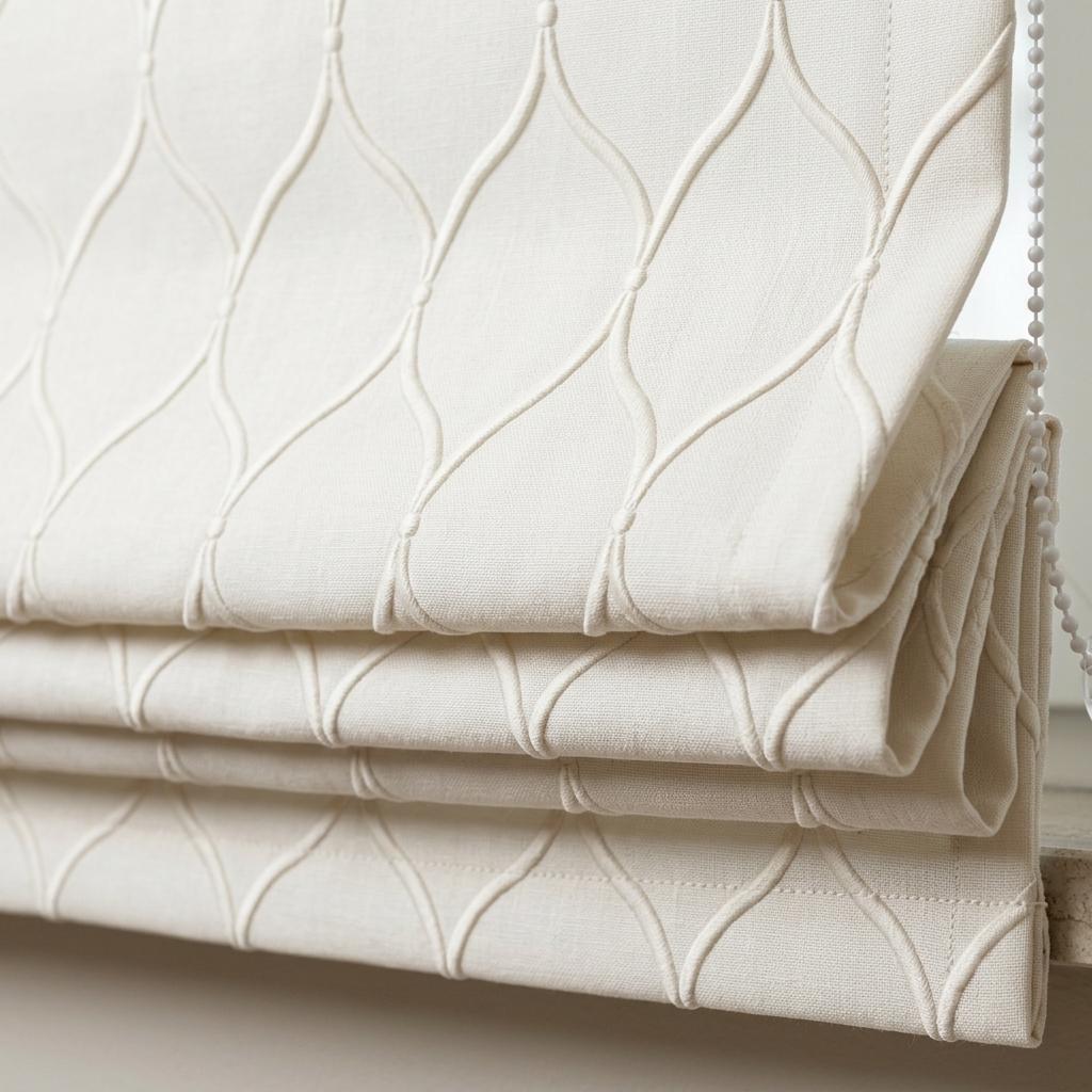 Custom Ivory Linen Roman Shade, Embroidered Ogee Trellis Blind, Corded Blackout or Organic Cotton Lined Shade — image 5