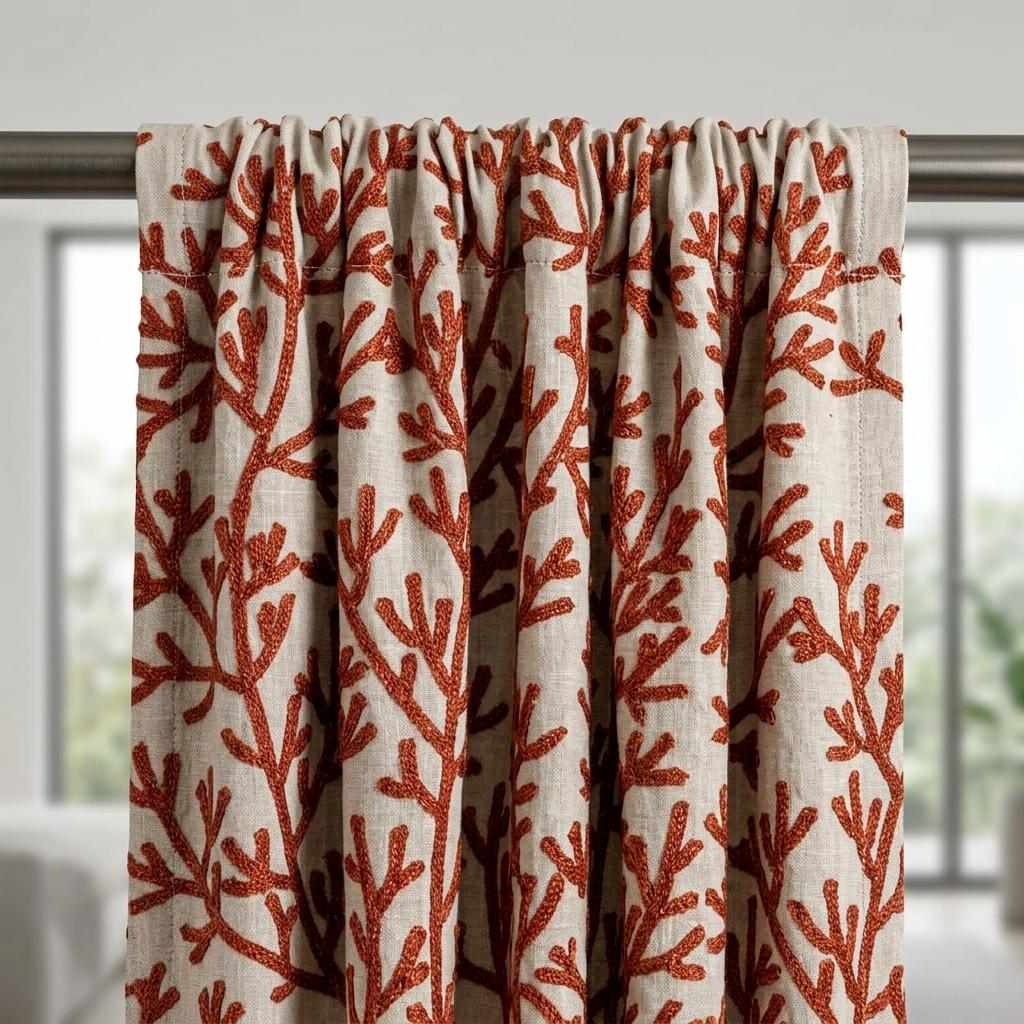 Rust Coral Linen Curtains, Natural Beige Embroidered Drapes, Custom Blackout Cafe Kitchen Living Room Panels — image 5