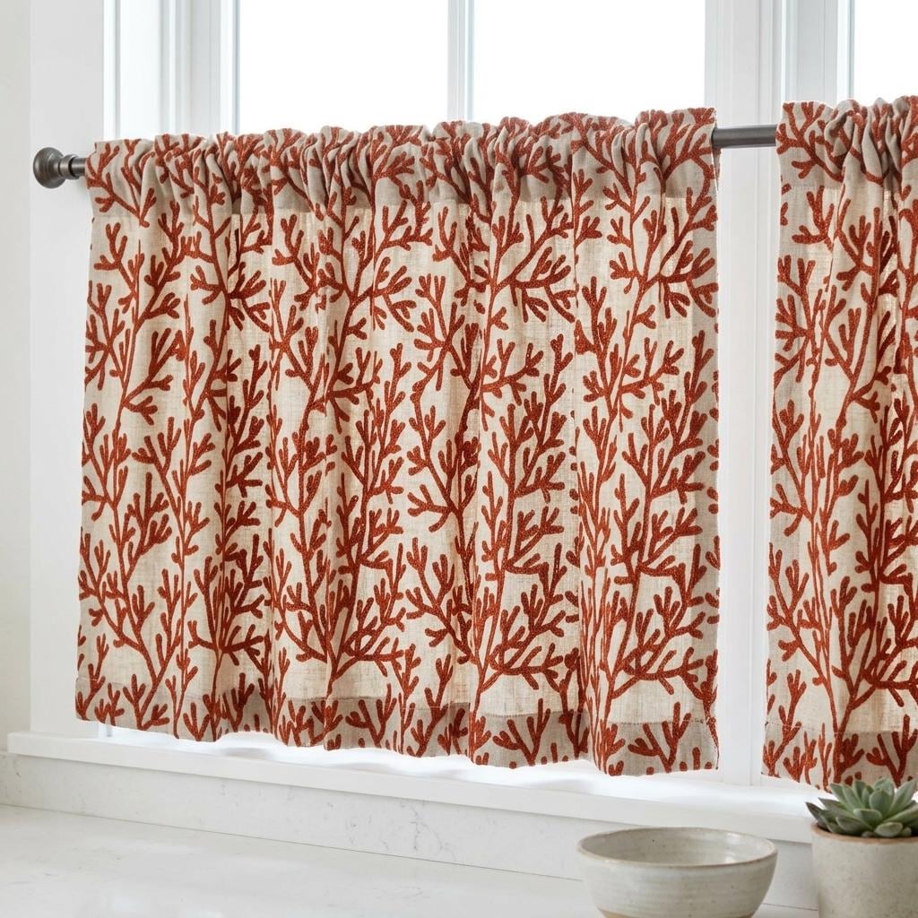 Rust Coral Linen Curtains, Natural Beige Embroidered Drapes, Custom Blackout Cafe Kitchen Living Room Panels — image 8