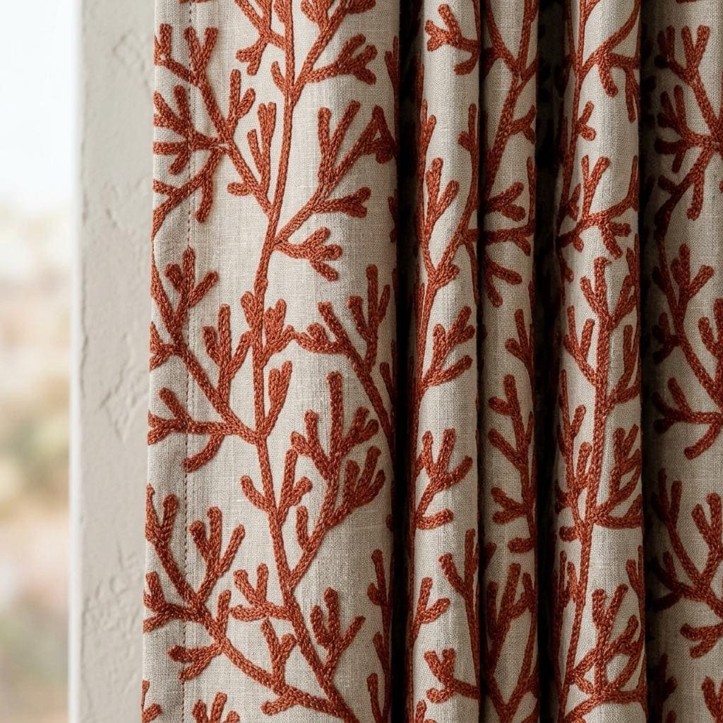 Rust Coral Linen Curtains, Natural Beige Embroidered Drapes, Custom Blackout Cafe Kitchen Living Room Panels — image 2