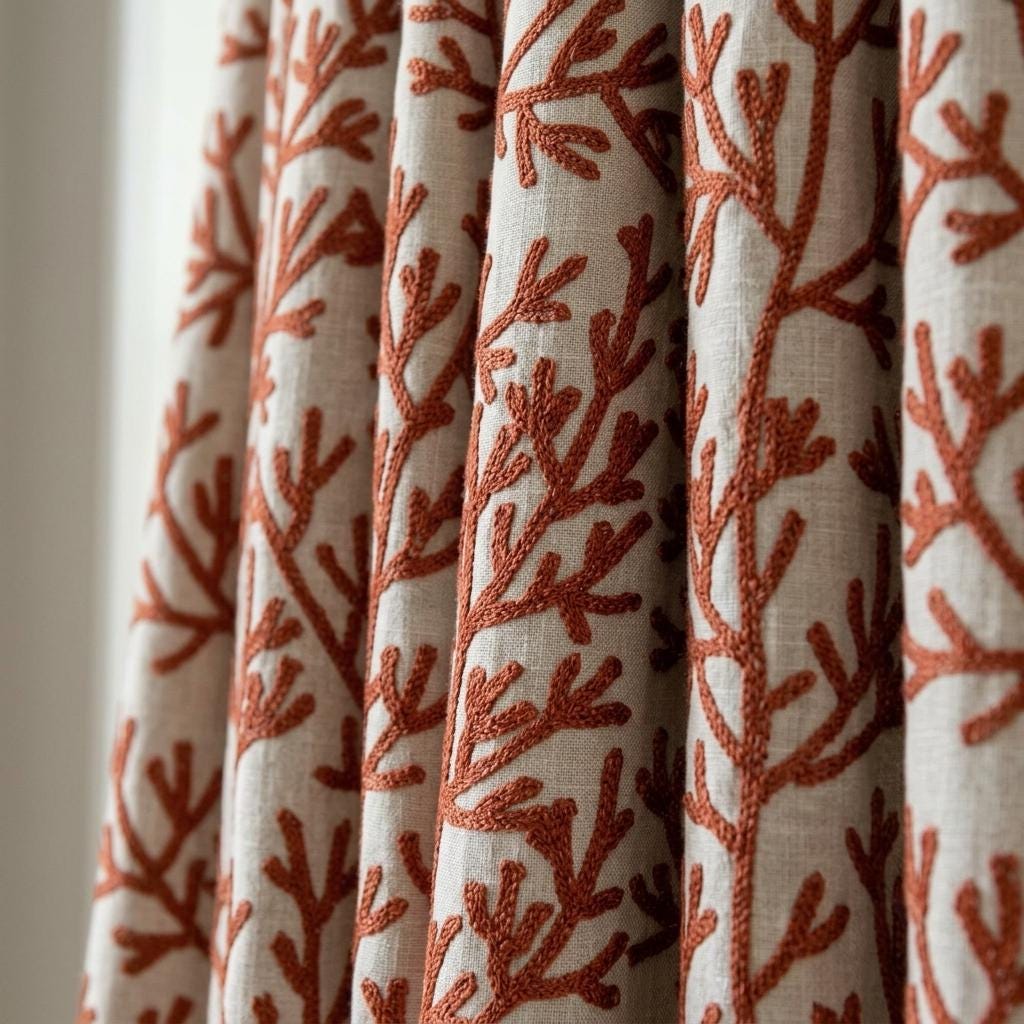 Rust Coral Linen Curtains, Natural Beige Embroidered Drapes, Custom Blackout Cafe Kitchen Living Room Panels — image 4