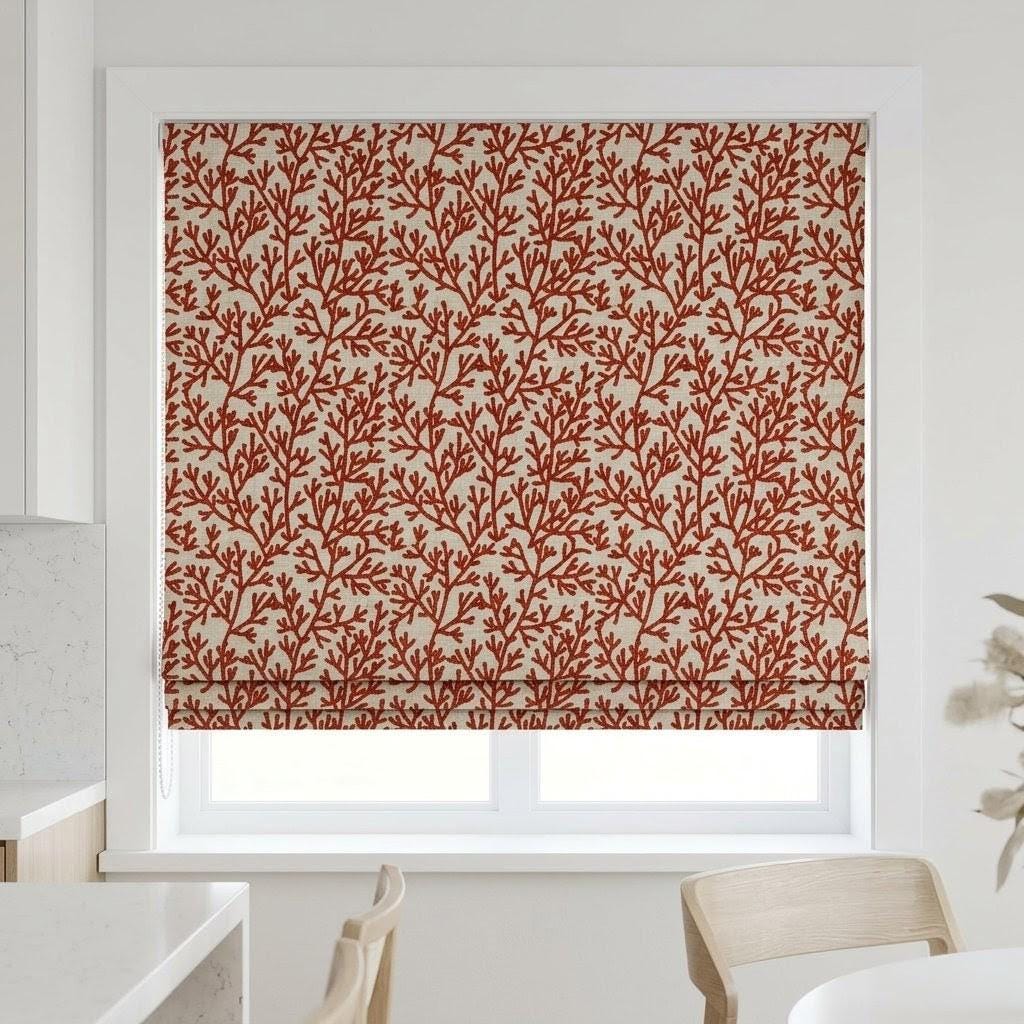 Custom Roman Shades, Natural Beige Linen Roman Blind, Rust Terracotta Coral Embroidered Window Treatment, Blackout or Cotton Lined — image 1