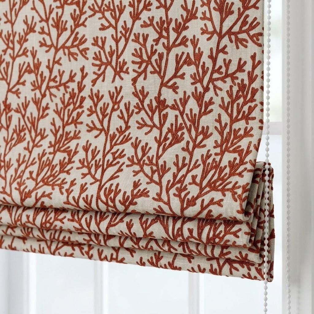 Custom Roman Shades, Natural Beige Linen Roman Blind, Rust Terracotta Coral Embroidered Window Treatment, Blackout or Cotton Lined — image 3