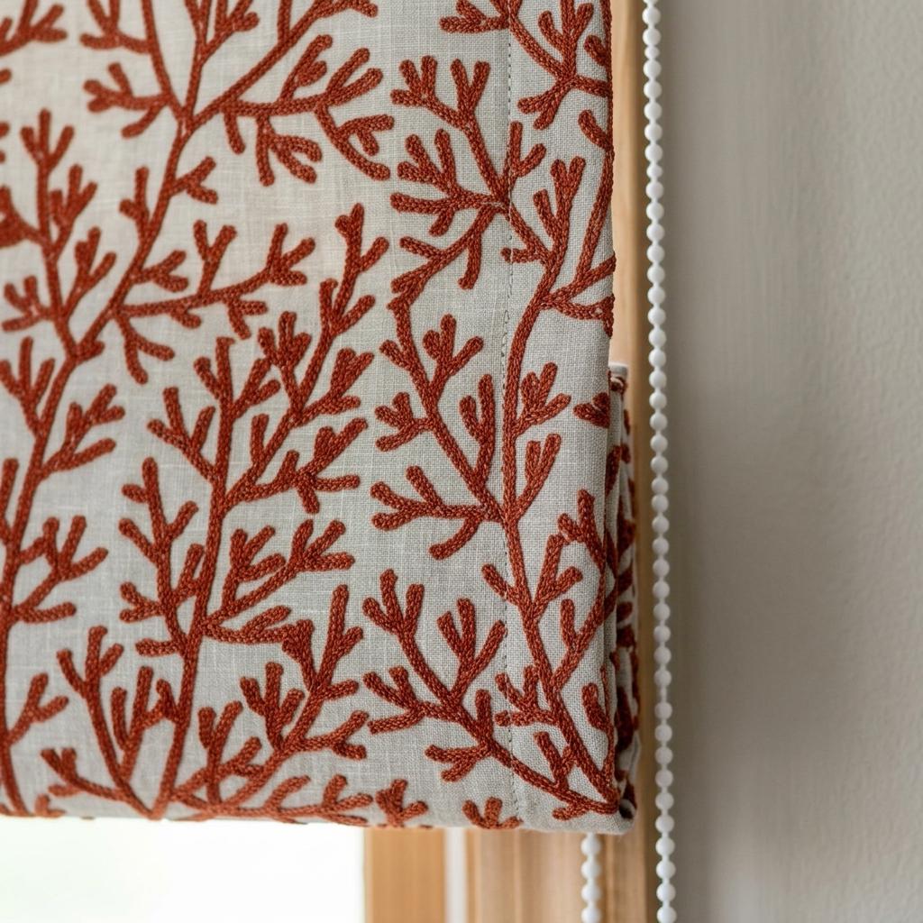 Custom Roman Shades, Natural Beige Linen Roman Blind, Rust Terracotta Coral Embroidered Window Treatment, Blackout or Cotton Lined — image 5