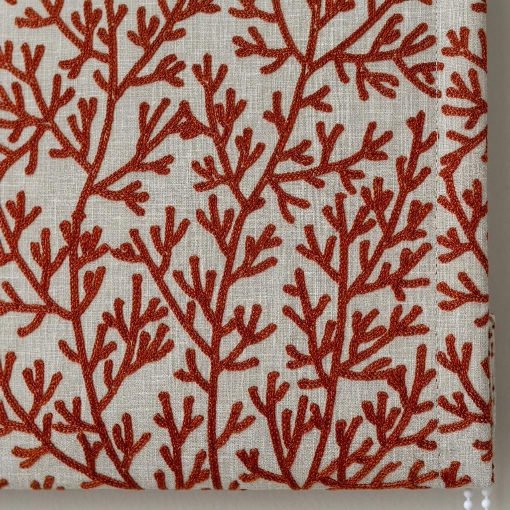 Custom Roman Shades, Natural Beige Linen Roman Blind, Rust Terracotta Coral Embroidered Window Treatment, Blackout or Cotton Lined — image 7