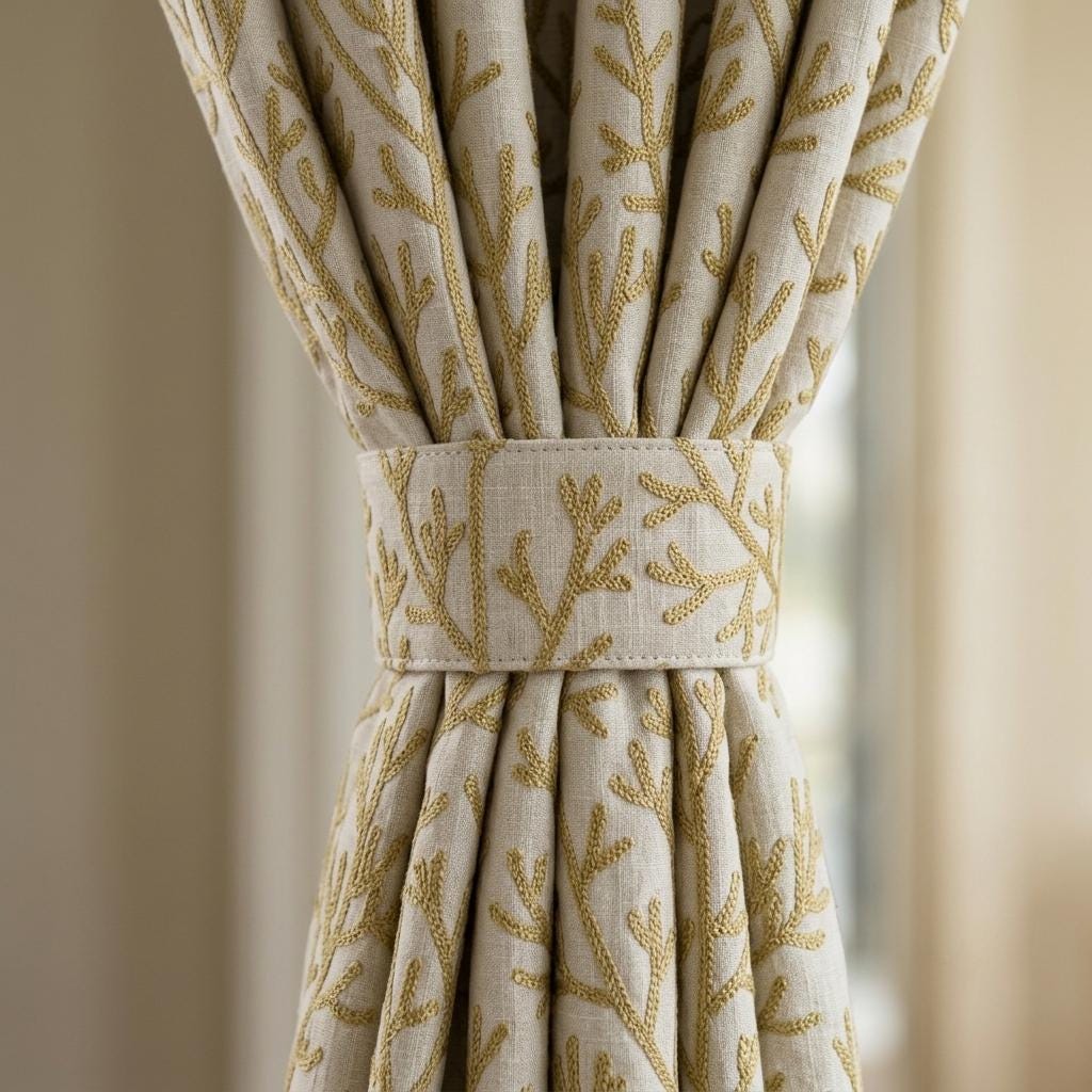 Olive Branch Linen Curtains, Natural Beige Embroidered Drapes, Custom Blackout Cafe Kitchen Living Room Panels — image 1