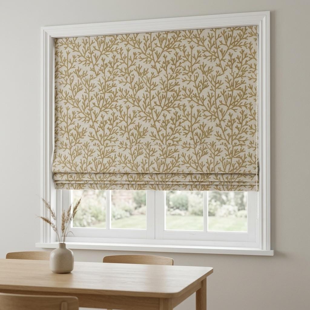Custom Roman Shades, Natural Beige Linen Roman Blind, Olive Green Coral Embroidered Window Treatment, Blackout or Cotton Lined — image 6
