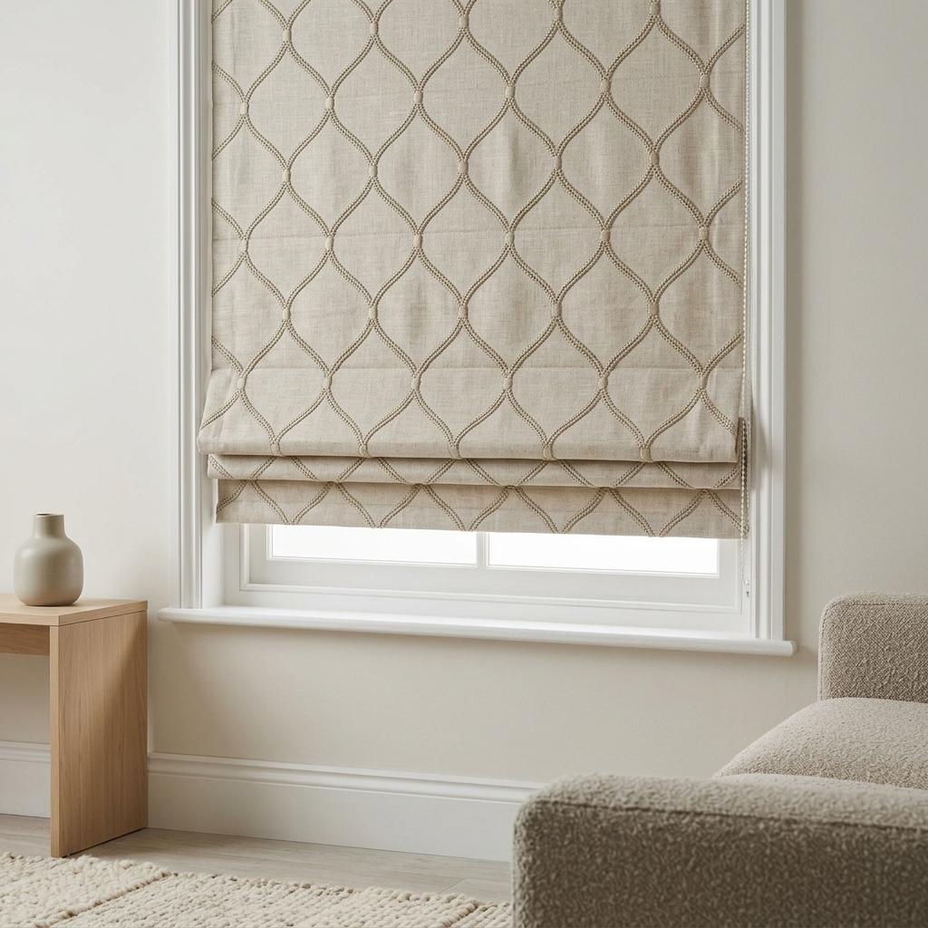 Taupe Linen Roman Shade, Beige Diamond Ogee Trellis Embroidered Custom Blind, Blackout or Light Filtering — image 5