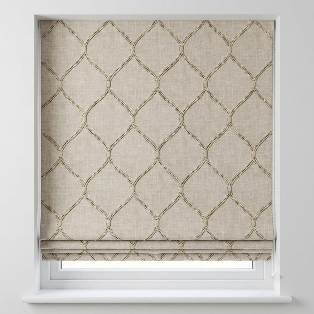 Taupe Linen Roman Shade, Beige Diamond Ogee Trellis Embroidered Custom Blind, Blackout or Light Filtering — image 6