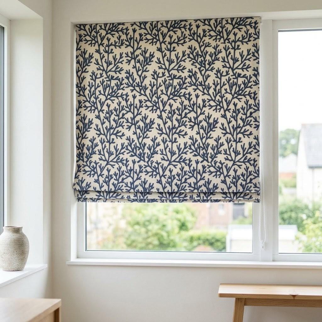 Custom Roman Shades, Ivory Linen Roman Blind, Navy Blue Coral Embroidered Window Treatment, Blackout or Cotton Lined — image 5