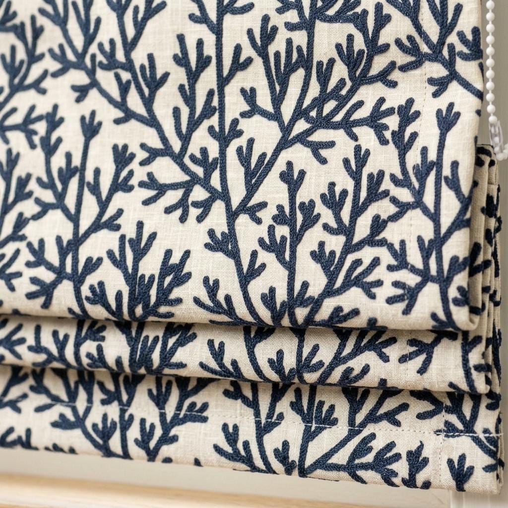 Custom Roman Shades, Ivory Linen Roman Blind, Navy Blue Coral Embroidered Window Treatment, Blackout or Cotton Lined — image 1