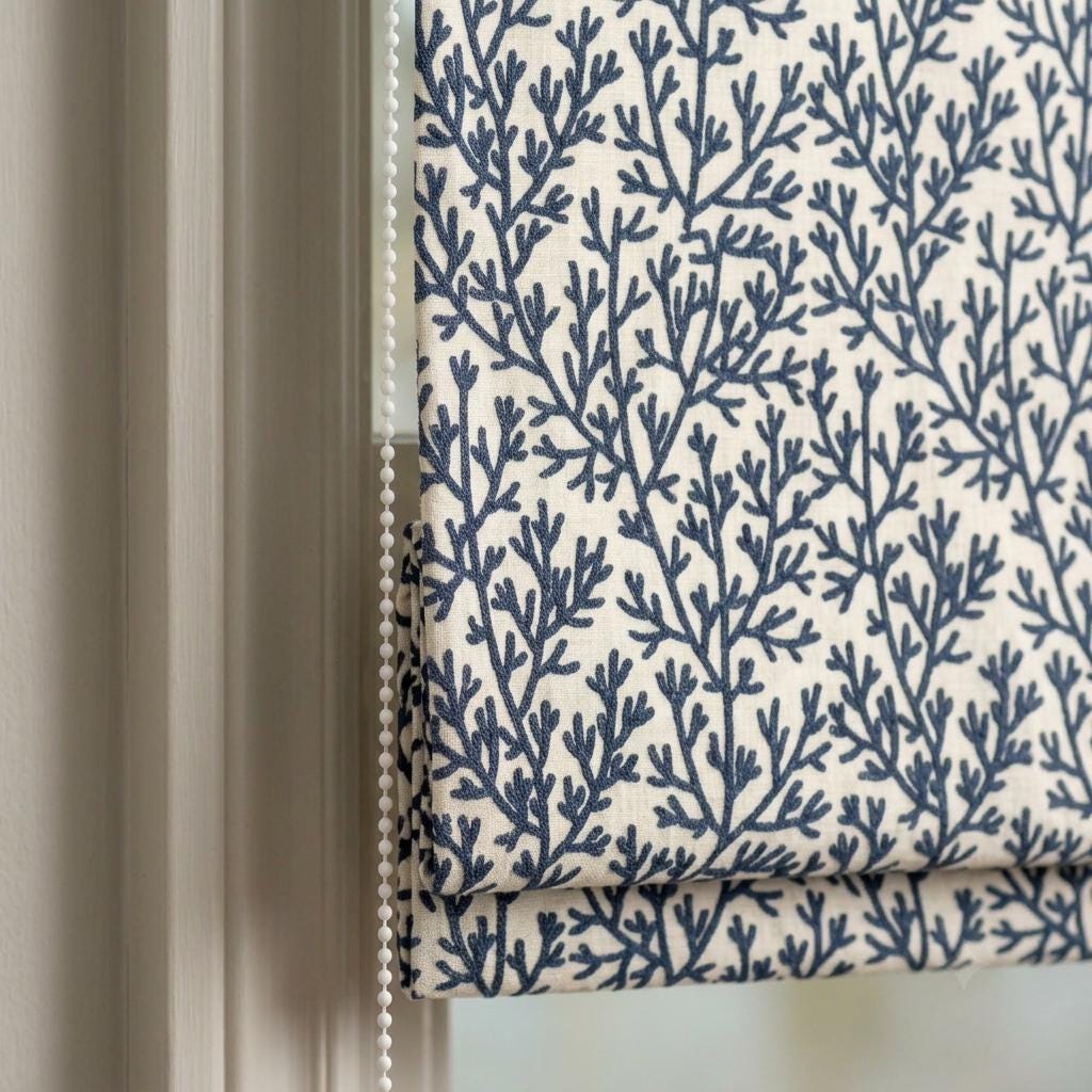 Custom Roman Shades, Ivory Linen Roman Blind, Navy Blue Coral Embroidered Window Treatment, Blackout or Cotton Lined — image 6